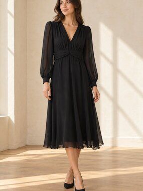 Aritzia Wilfred Black Chiffon Long Sleeve Midi Dress Size 8